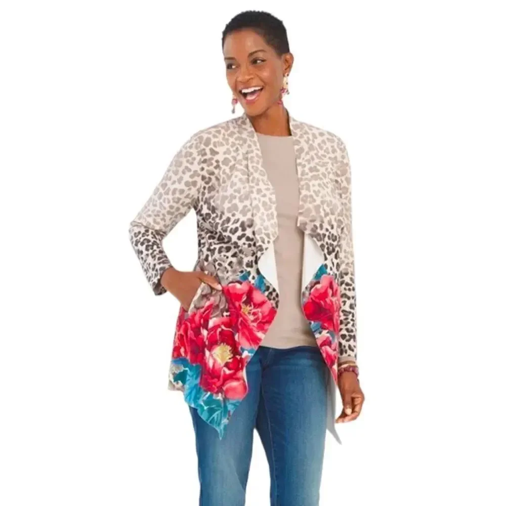 Chico’s suedes draped jacket leopard floral print beige and red size medium